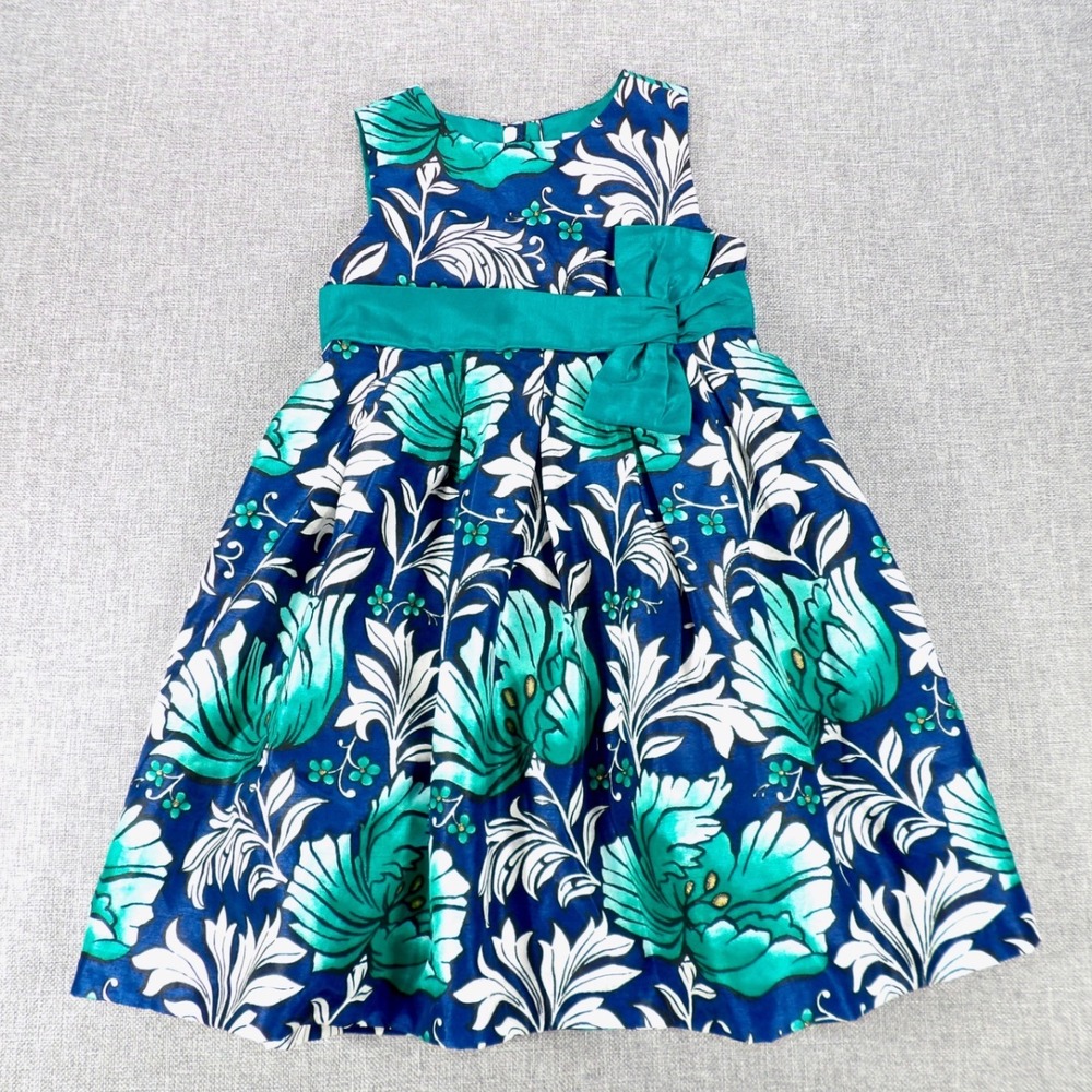 Gymboree Floral Party Dress Girls 5T Blue Green Excellent Sleeveless Bow Special